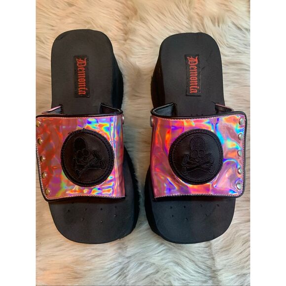 Demonia Black & Pink Chunky Platform Flip Flops Sandals Slides Punk Gothic Shoes - Picture 1 of 8